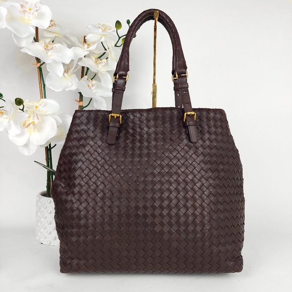 Bottega Veneta Handbags - Bottega Veneta Intrecciato Dark Brown Woven Soft Lambskin Leather Tote Bag